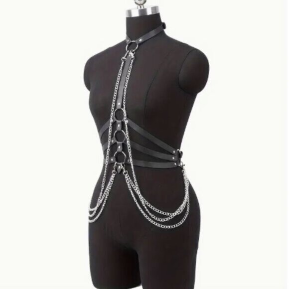 PU Leather Draped Layered Chain Choker Harness - Picture 4 of 6